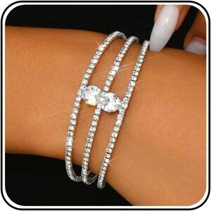 Cubic Zirconia Layered Cuff Bracelets for Women - Perfect for Weddings and Prom